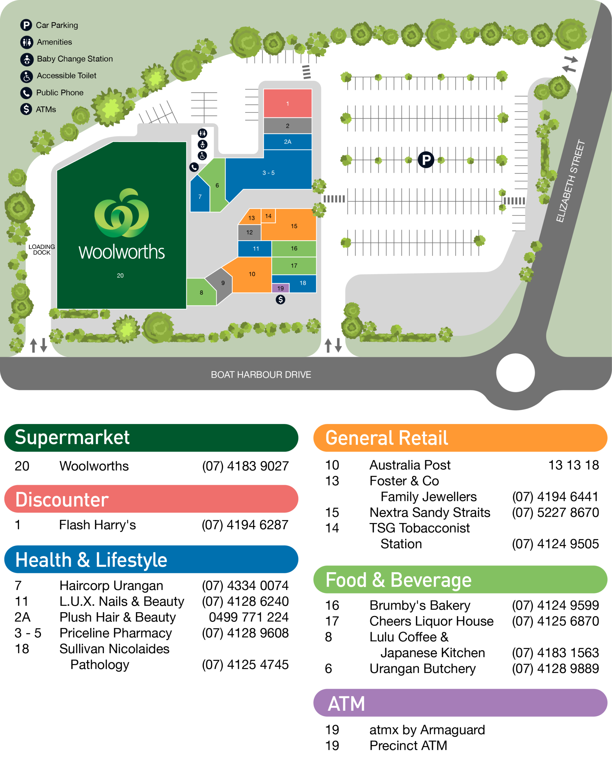 Urangan Central centre directory map showing shop numbers, car parking and amenities, with stores listed by category: Supermarket, Discounter, Health & Lifestyle, General Retail, Food & Beverage and ATM