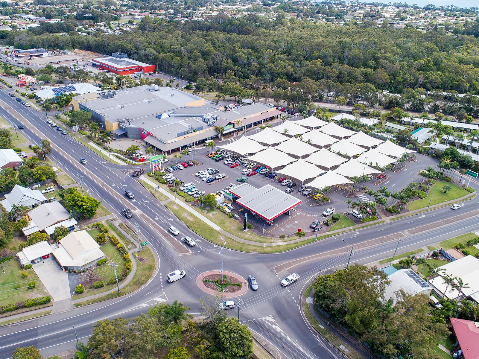 Aerial view of Urangan Central Shopping Centre and car park on Elizabeth St